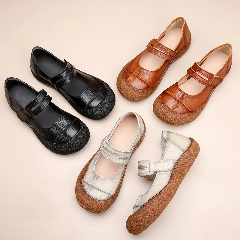 头层牛皮春秋舒适复古中老年休闲真皮包头软底复古妈妈鞋防滑圆头