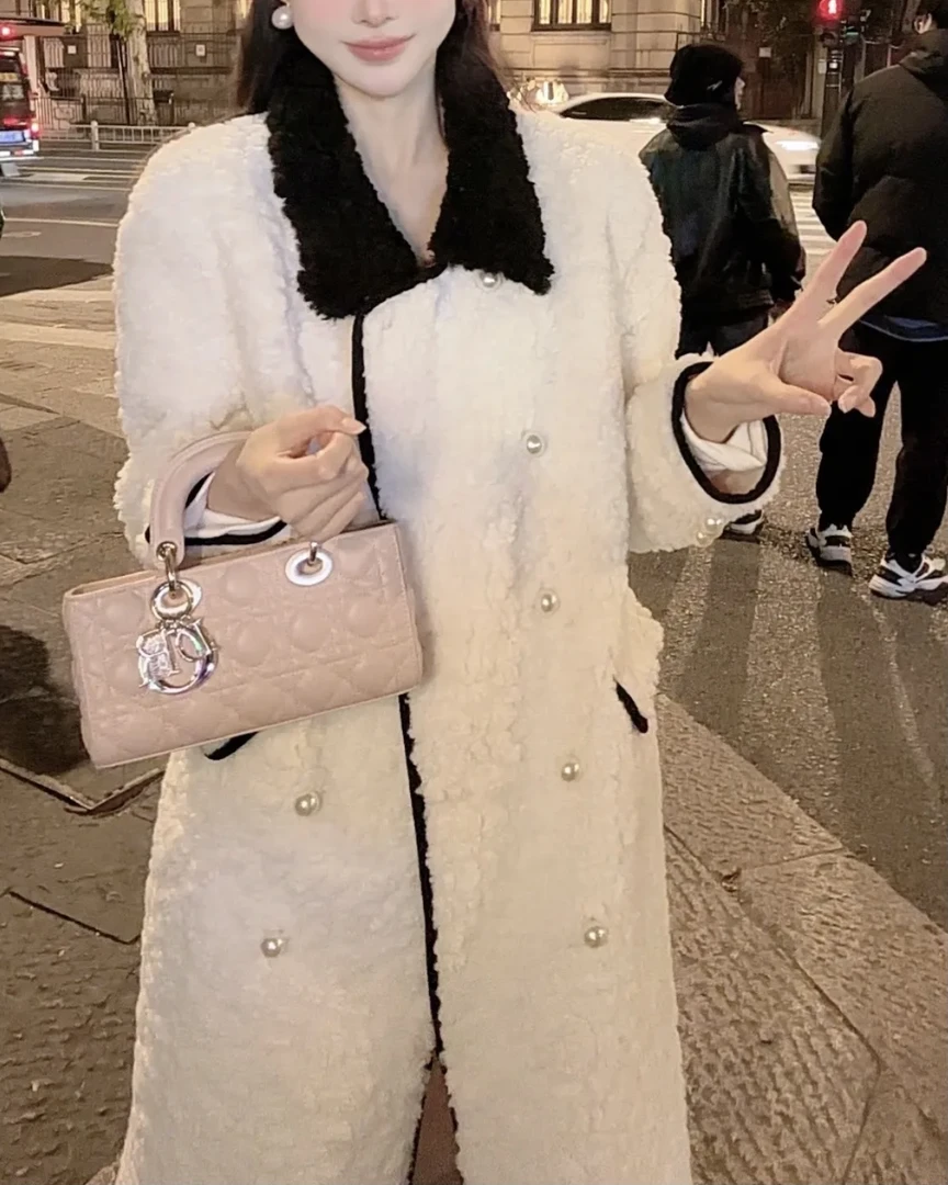 【海棠朵朵】小香风精致翻领气质撞色毛毛外套女保暖长款毛毛外套
