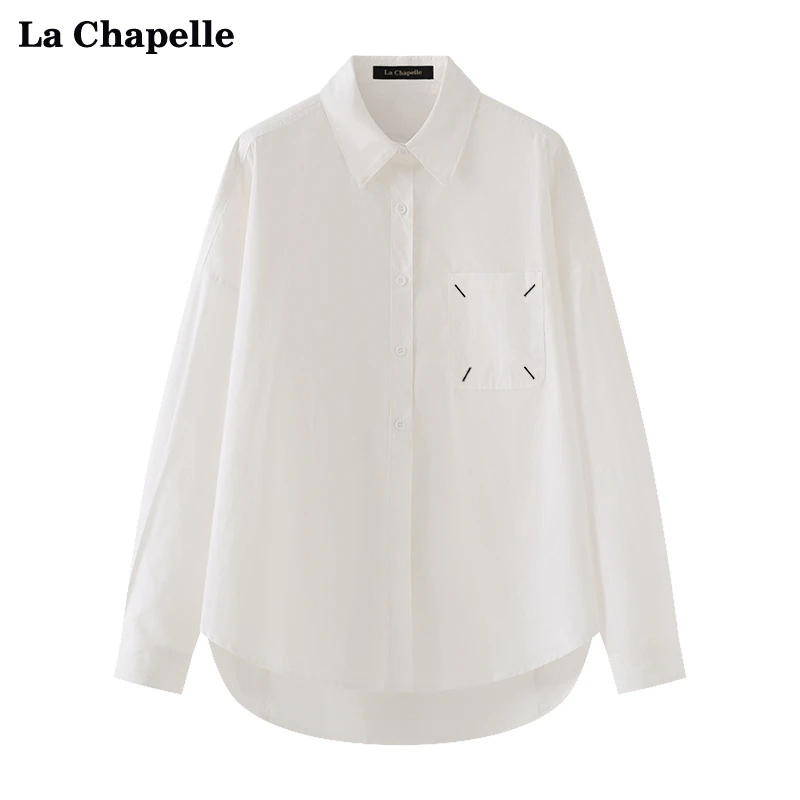 拉夏贝尔/La Chapelle秋新款翻领绣线口袋长袖衬衫女小众时尚衬衣