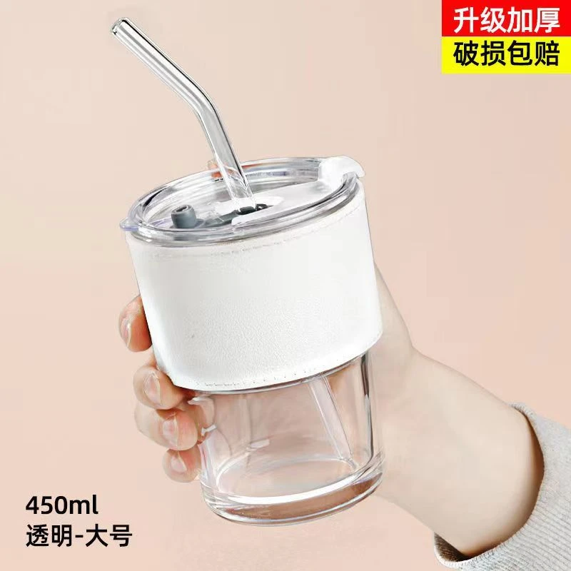 高颜值咖啡水杯玻璃吸管杯ins玻璃杯带盖创意杯子简约竹节杯