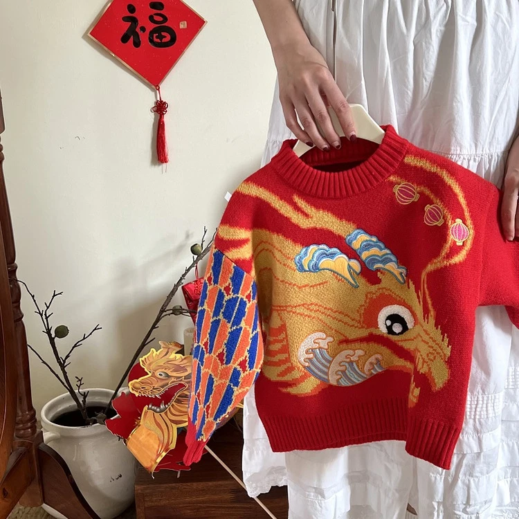 中国风刺绣儿童过年喜庆男女宝宝外套加厚拜年服儿童国潮针织毛衣