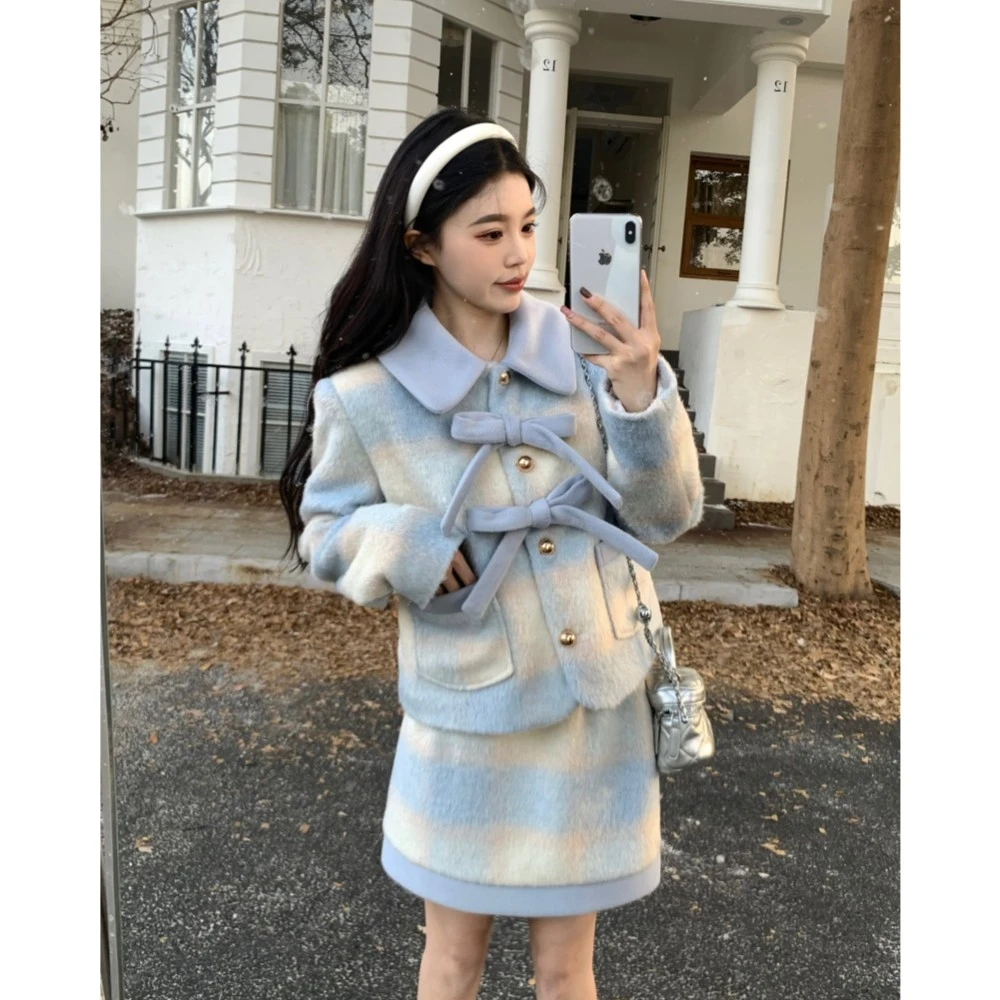 【现货】大码法式复古冬季气质小众糖果色小香风夹棉外套半身裙套装