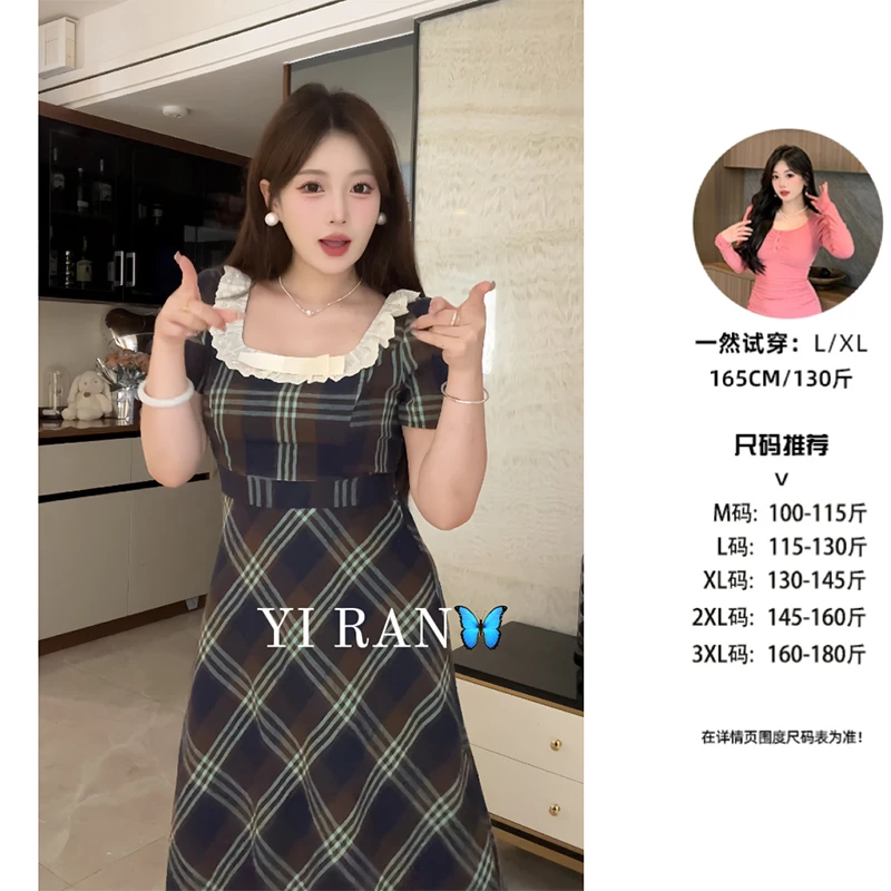 大码方领复古格子连衣裙夏季蕾丝拼接收腰中长款裙子9568