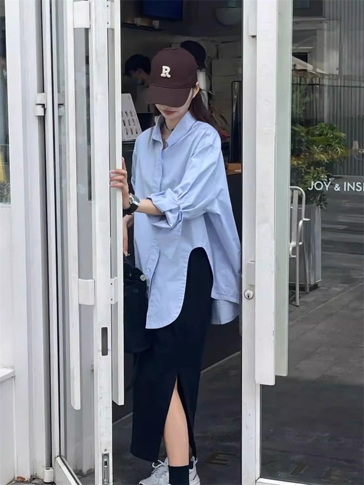 【独占心扉】夏天的心头爱~休闲舒适设计感长袖衬衫韩版不规则上衣