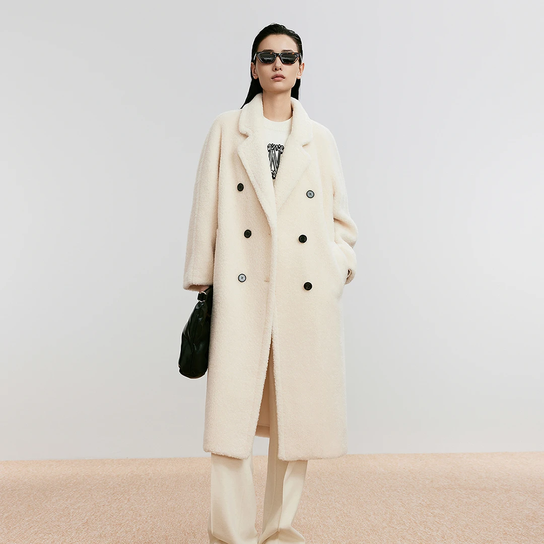 LANCY/朗姿2024冬季新款高级感羊剪绒大衣中长款外套女