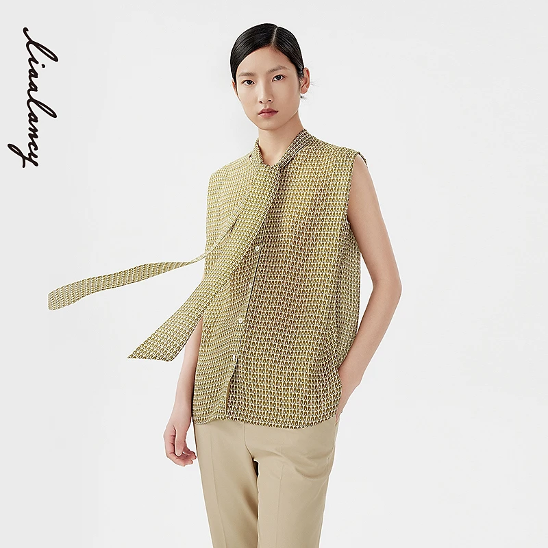 LANCY/朗姿2024夏季桑蚕丝印花无袖飘带衬衫气质真丝领带上衣女士