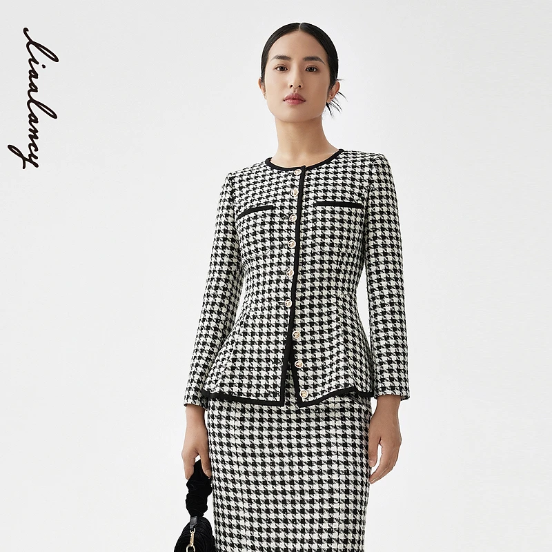 LANCY/朗姿气质长袖短款时尚小香风外套女黑白格子套装复古优雅