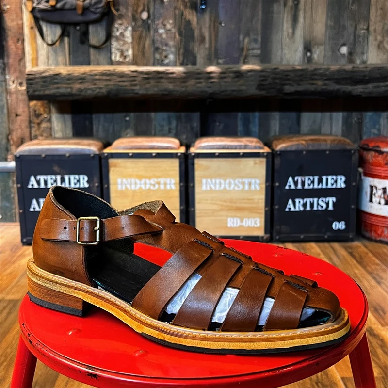 2024新款男士真皮凉鞋老式镂空编织商务纯包头层牛皮罗马凉鞋夏季