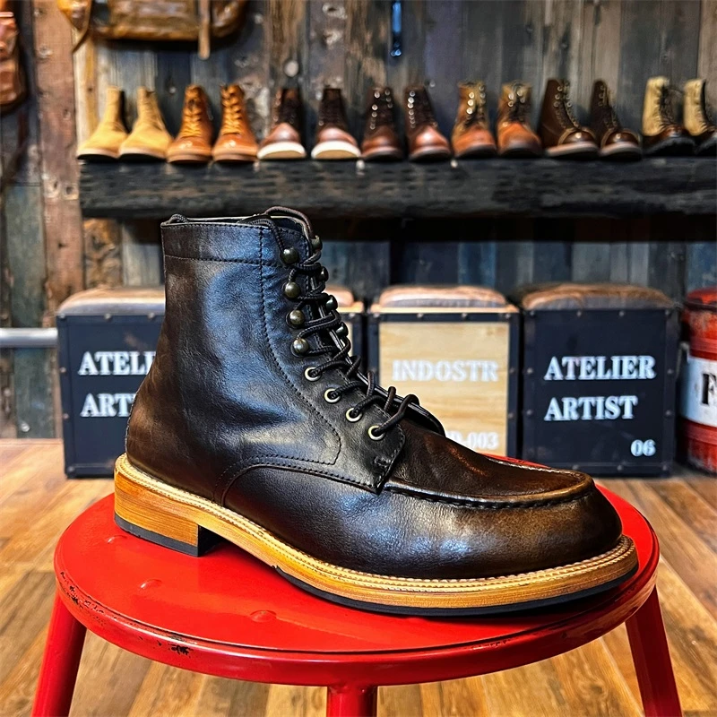 9020美式擦色工装鞋复古高帮真皮头层牛皮靴男英伦风棕色马丁短靴