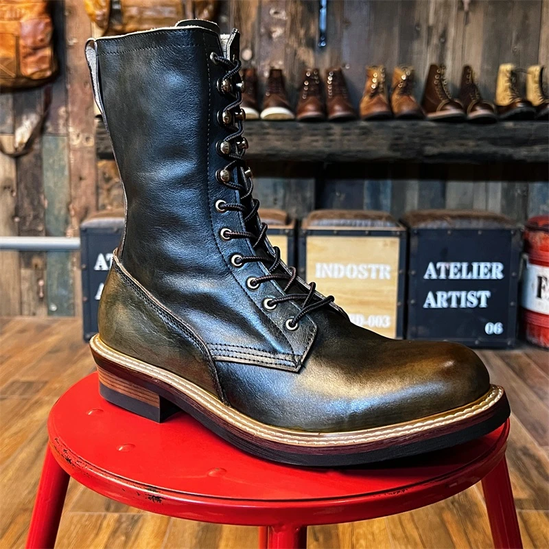 1928做旧复古英伦风真皮工装马丁靴男鞋圆头层牛皮高帮长筒机车靴