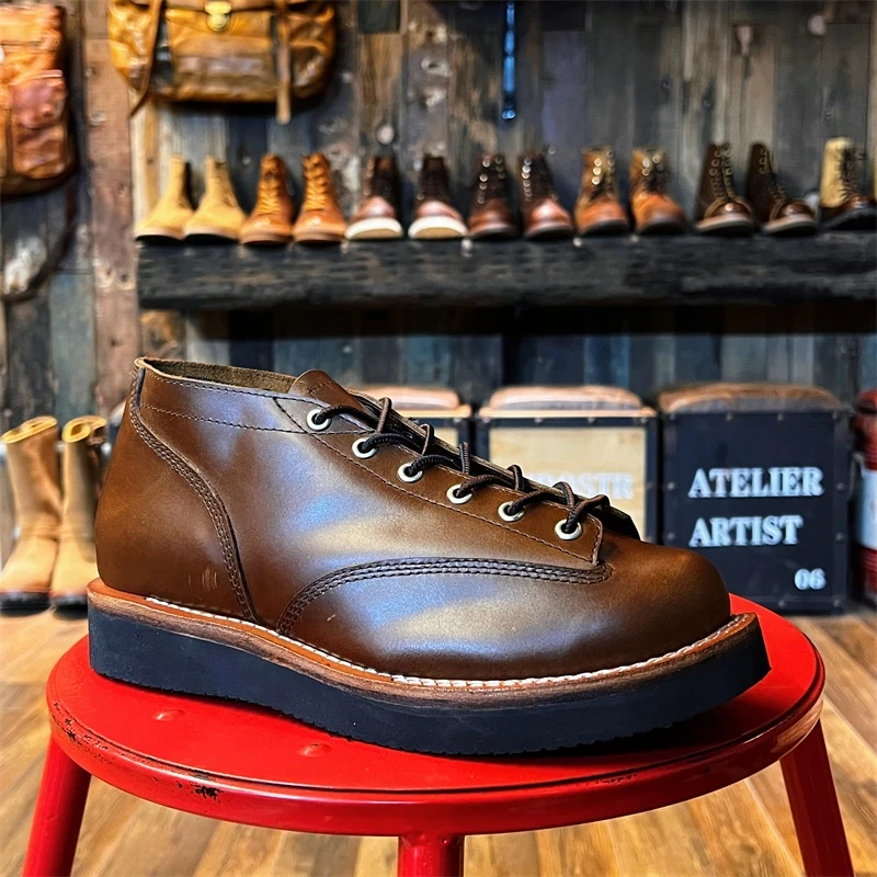 403美式复古真皮低帮厚底圆头工装马丁靴休闲皮鞋男短脸靴潮流