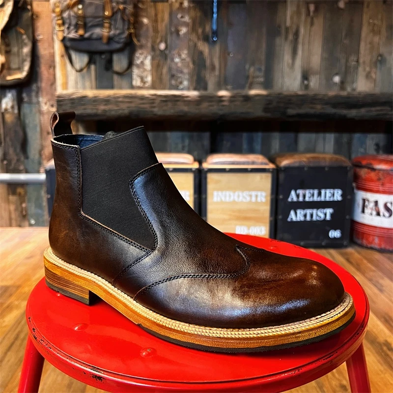 9016圆头软皮切尔西短靴子复古英伦风真皮马丁靴套筒工装男鞋百搭