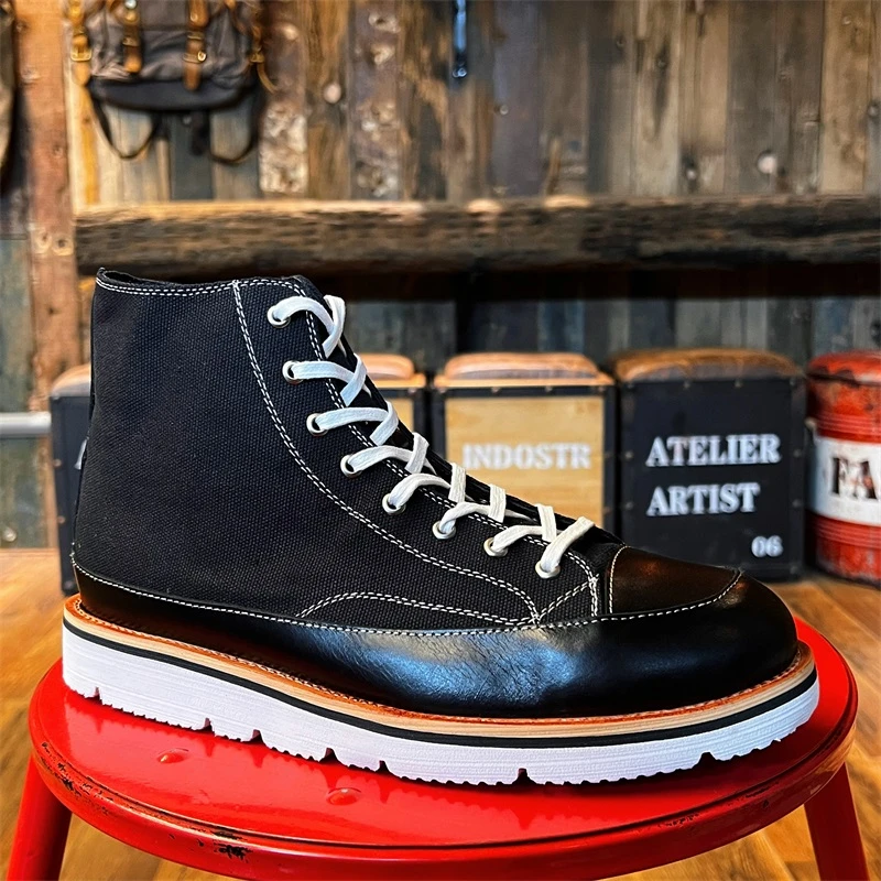 1978日系工装马丁靴美式复古厚底圆头高帮黑色真皮帆布靴男鞋潮流