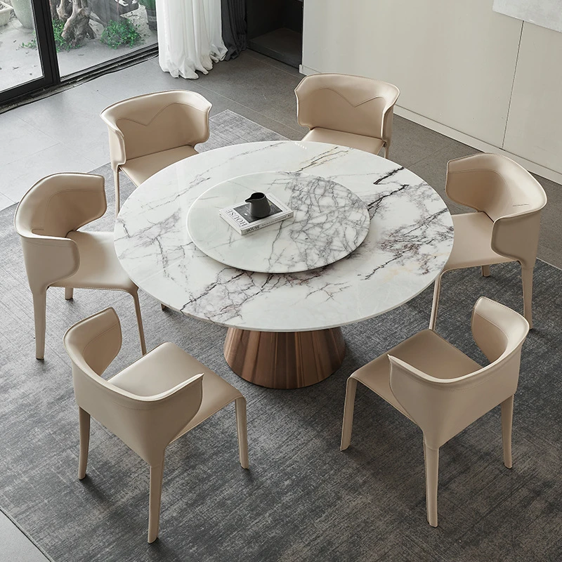 进口天然大理石餐桌椅家用圆形带转盘现代简约轻奢奢石香雪梅餐桌