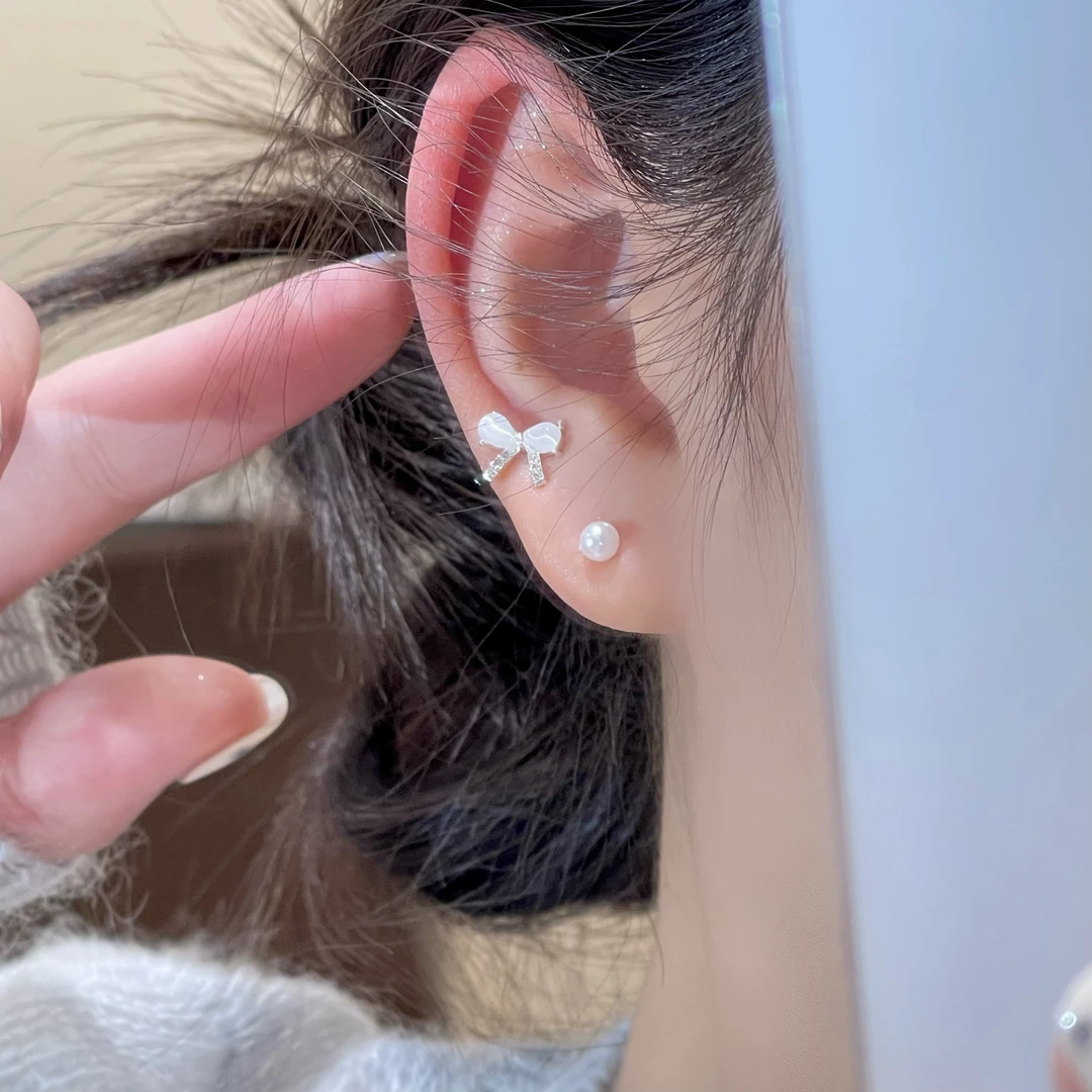 W653蝴蝶结珠珠耳钉四件套简约小众轻奢高级甜美