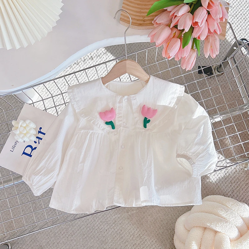 时尚新款纯棉女童衬衫儿童春秋长袖小童荷叶边立体花朵欧若风童装
