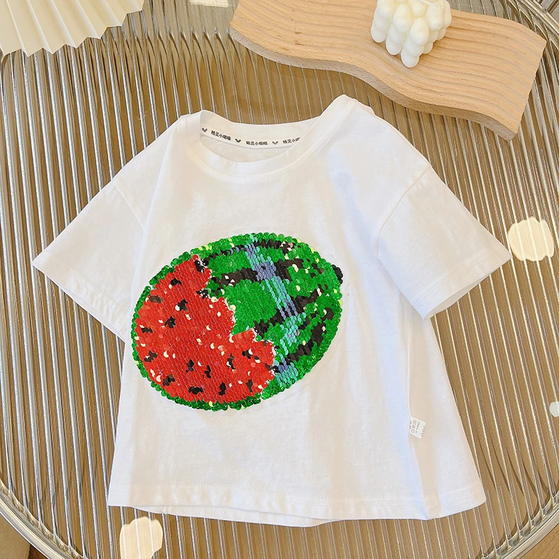 女童纯棉透气短袖t恤2024夏季新款亮片小猫儿童上衣夏款女孩宝宝