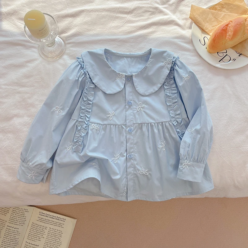 女童长袖棉质娃娃衫木耳边衬衣女宝衬衫时尚春季新款韩版甜美法式