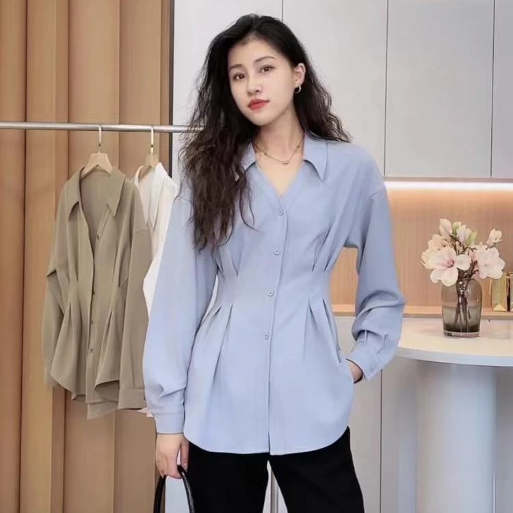 修身衬衫收腰V领燕尾长袖衬衣女春季时尚设计感气质显瘦百搭新款