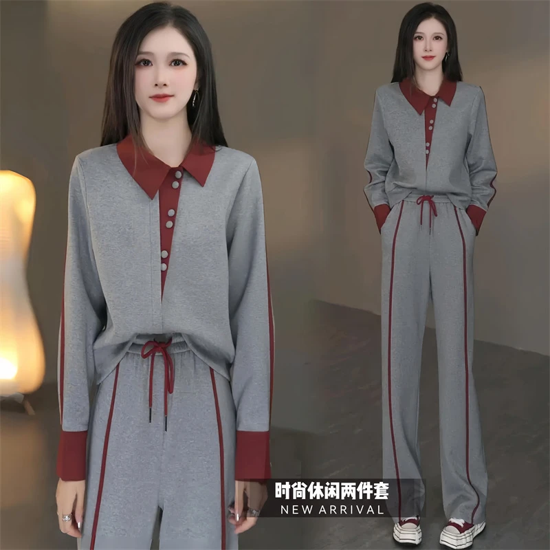馥郁红茶休闲套装女士2024秋季新款不规则假两件上衣直筒裤两件套
