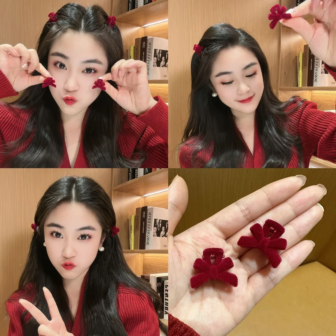 超萌酒红色丝绒蝴蝶结抓夹精致百搭好看侧边夹公主头高级感刘海夹