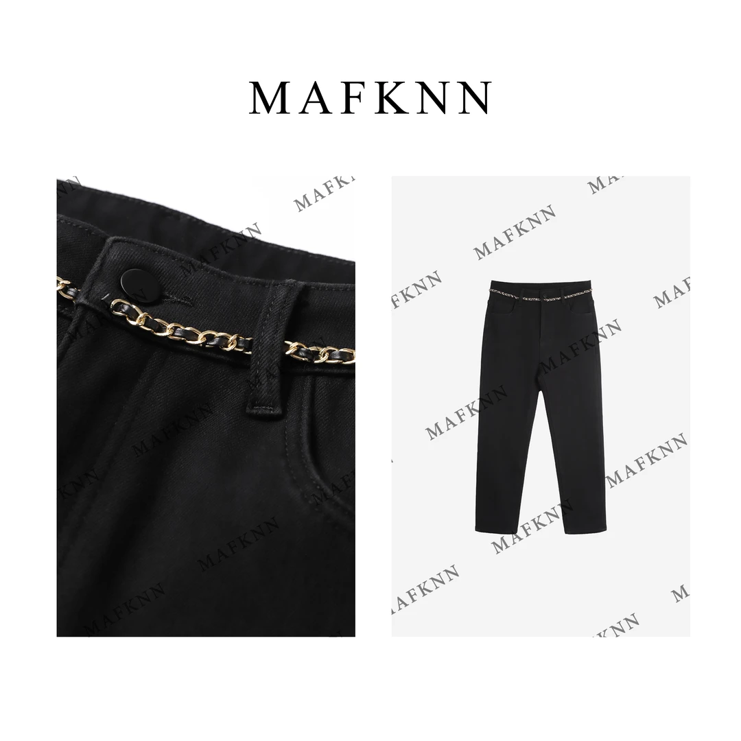 MAFKNN/玛肯时尚休闲简约纯色秋冬链条扣加绒厚绒牛仔裤MK11393