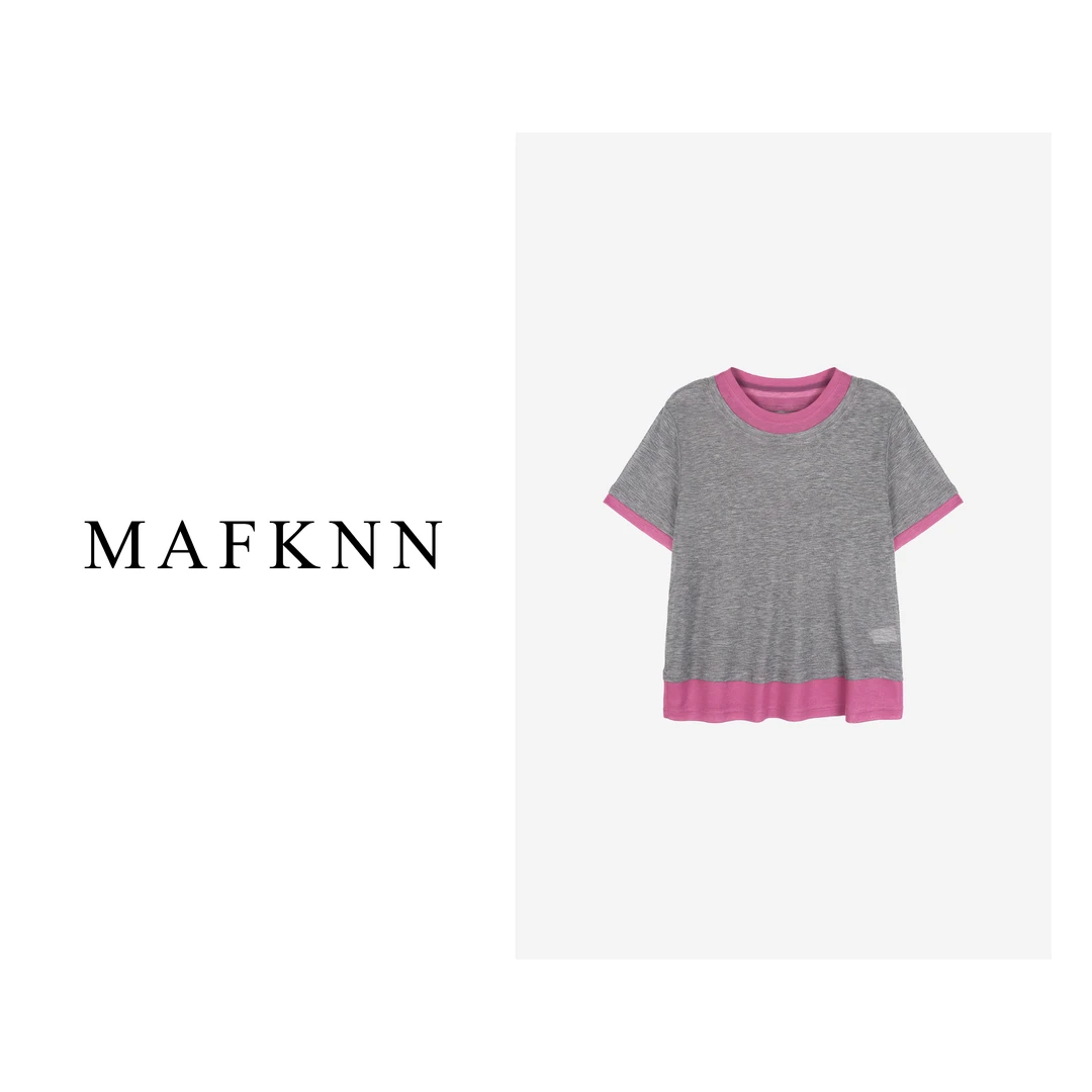 MAFKNN/玛肯时尚圆领百搭简约女士拼色T恤上衣MK10198