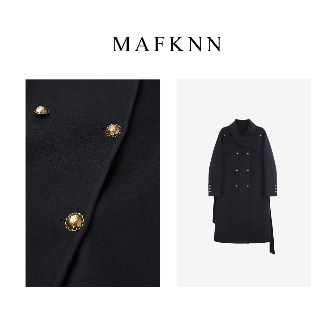 MAFKNN/玛肯时尚休闲简约纯色百搭秋冬双排扣系带大衣MK11250