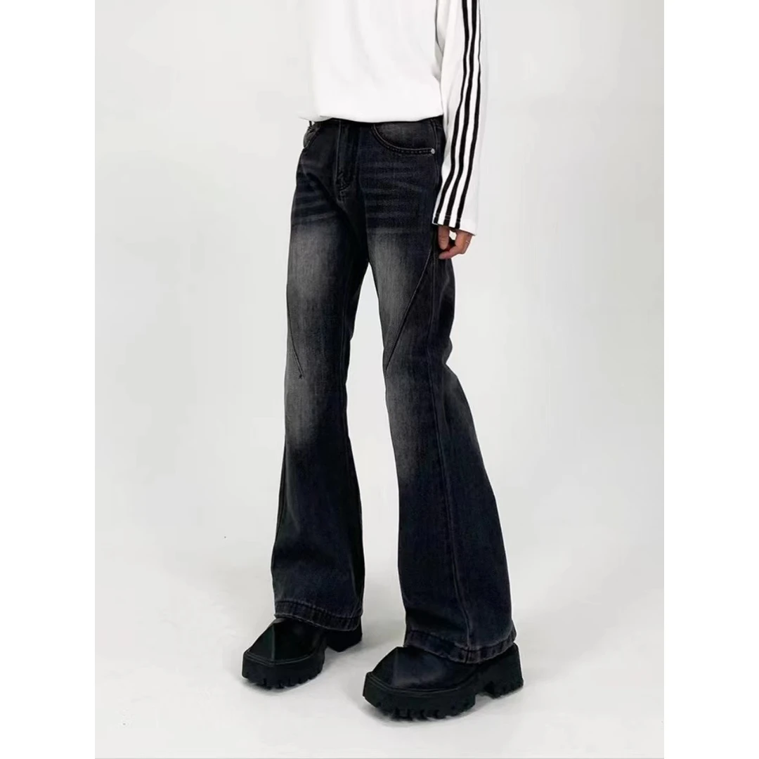 美式复古clean fit显瘦水洗黑灰微喇叭裤子高宽松做旧牛仔长裤男