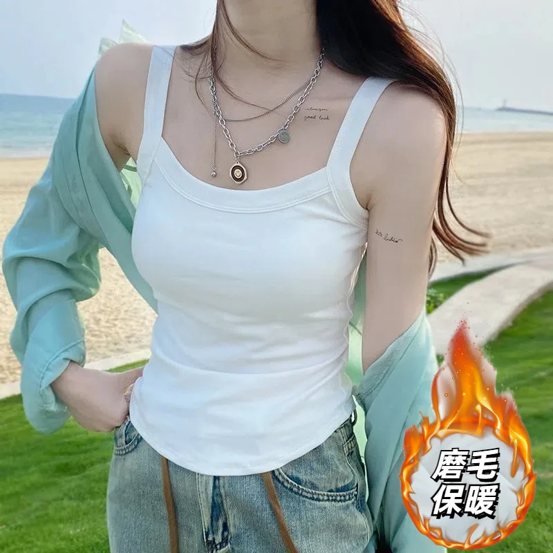 白色小吊带背心女秋冬季磨毛保暖内搭修身显瘦外穿无袖打底衫上衣