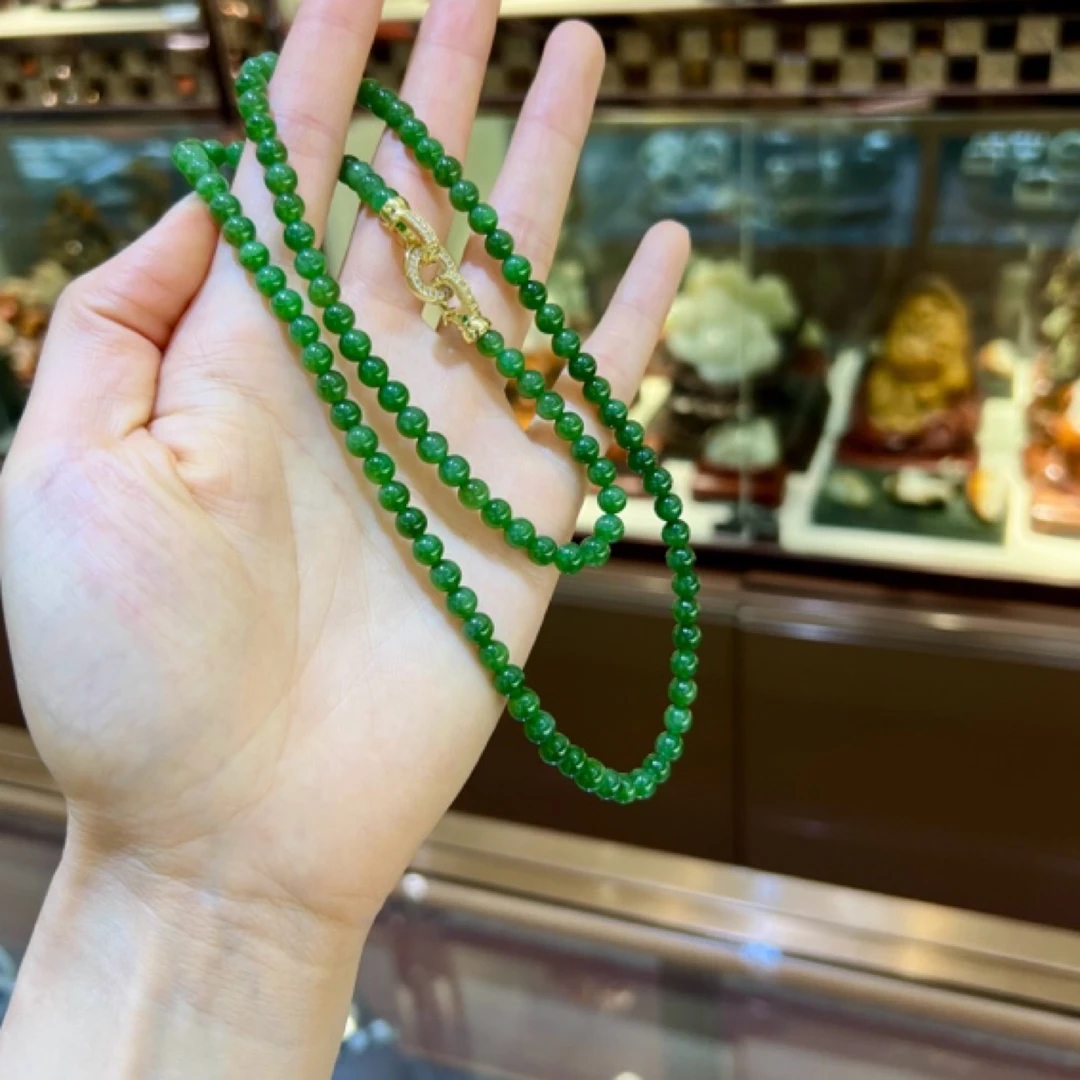 俄碧老料6mm 108颗项链 满色满绿 1-3%矿点