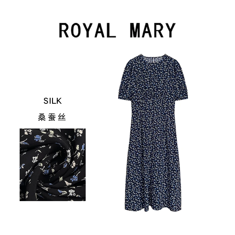 ROYAL MARY法式复古碎花藏蓝色显瘦显白百搭通勤气质连衣裙AMF39