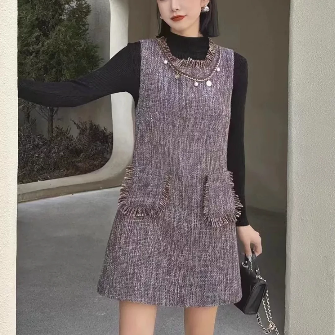 2024新款！女士法式小香风背心裙内搭半高领打底衫套装E161