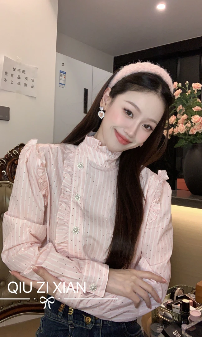 【子贤专属】MIUMEM秋冬韩版条纹粉色甜美系烫钻衬衫上衣DY5285