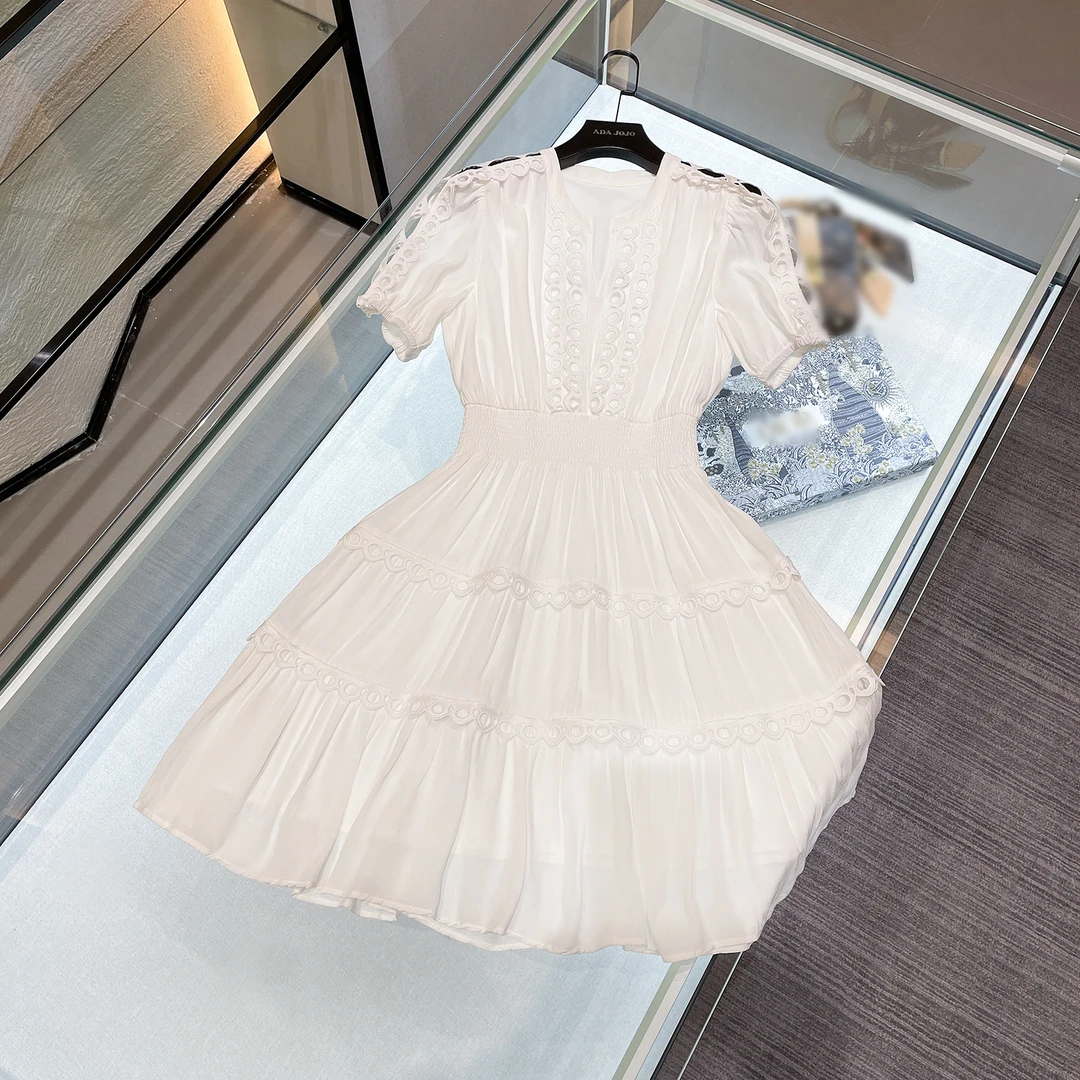 【安妮老板】MIUMEM轻奢设计款中长裙白色蕾丝拼接连衣裙DY3135