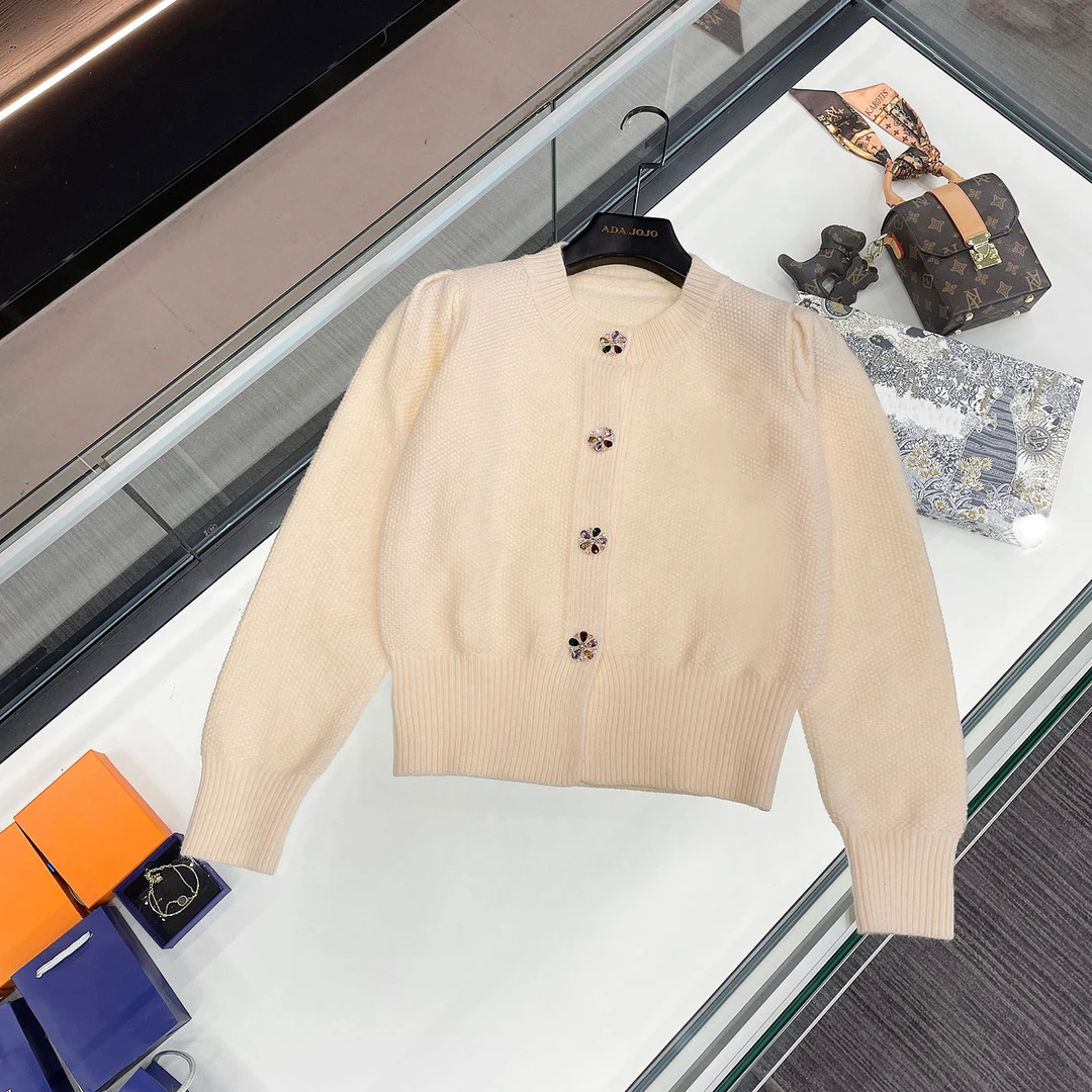 【安妮老板】MIUMEM长袖针织衫钻钻纽扣气质小香风毛衣女款DY2984