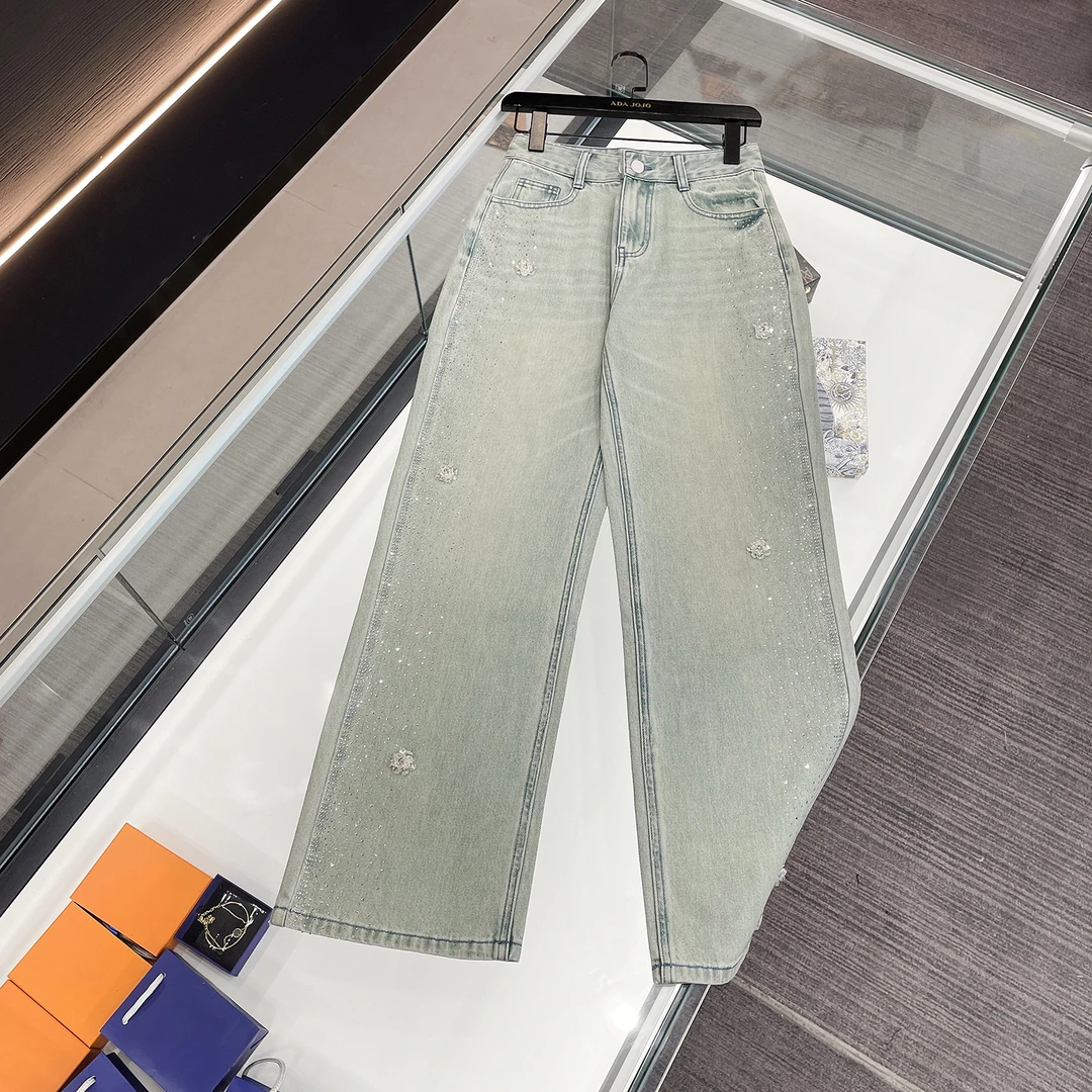 【安妮老板】MIUMEM高腰显瘦宽松阔腿时尚带钻水洗牛仔裤DY3103