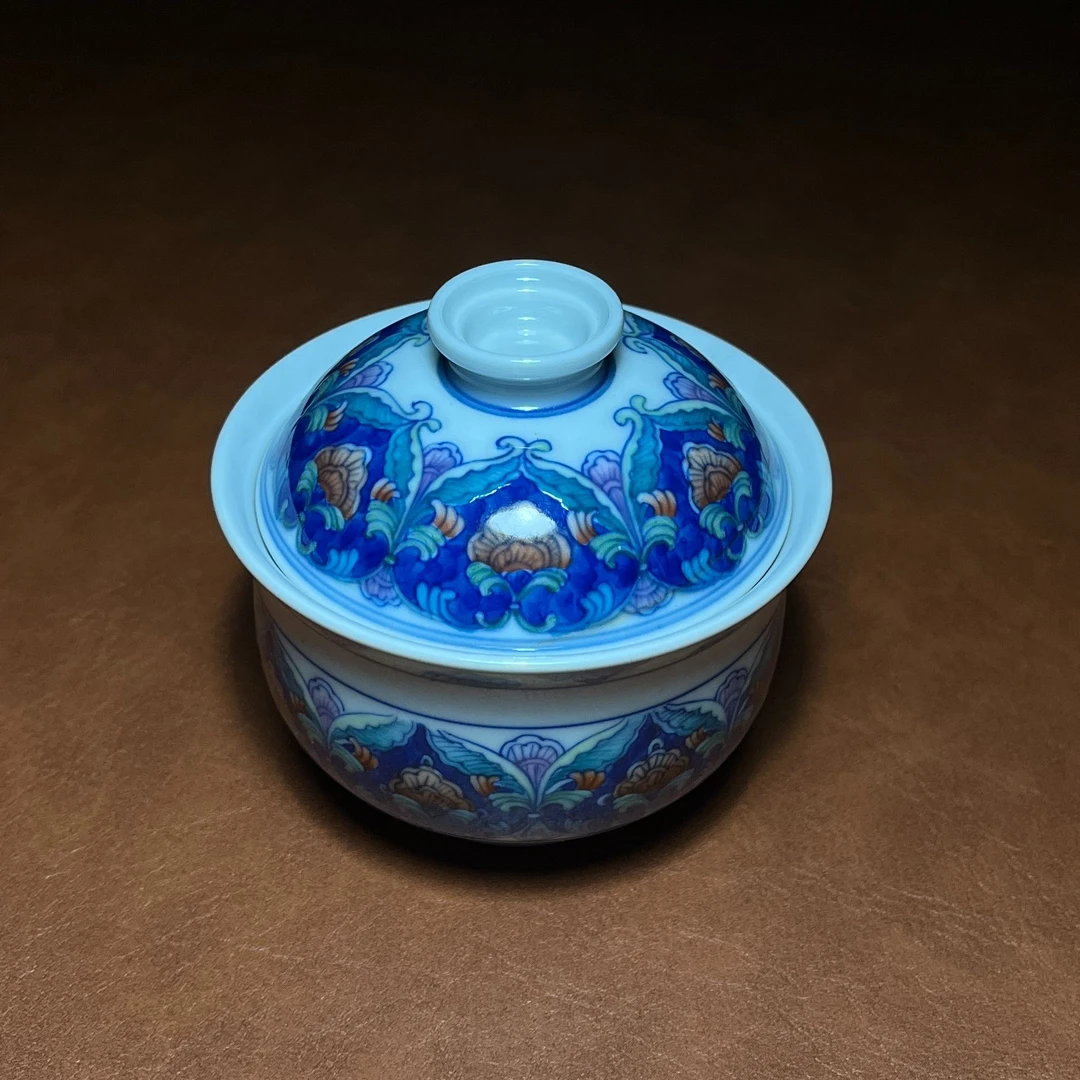 拾月出品-斗彩宝相纹盖碗手工陶瓷手绘小盖碗釉下彩茶盖碗精美