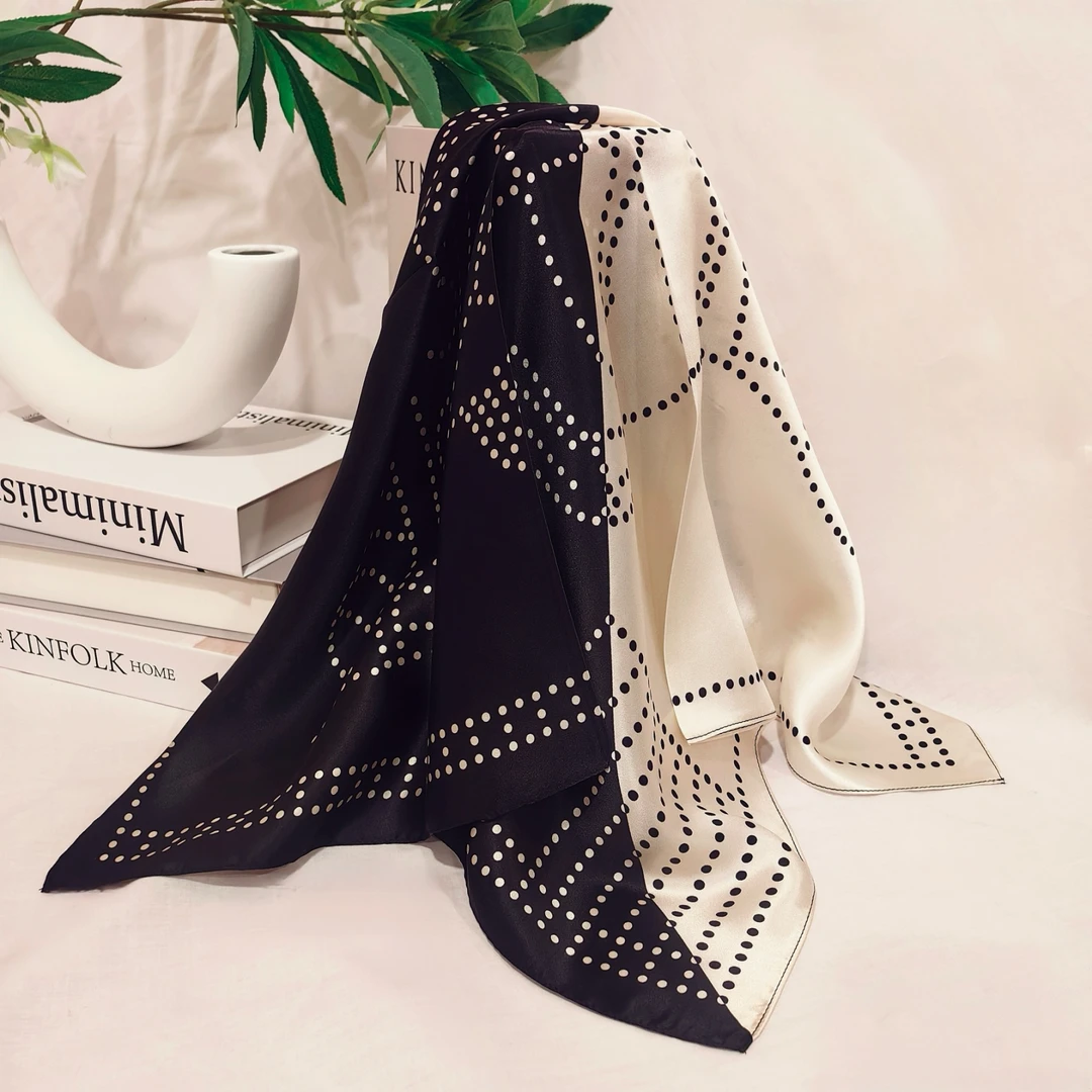 【黑白波点】真丝65厘米方巾时尚气质百搭桑蚕丝丝巾夏季国风大方