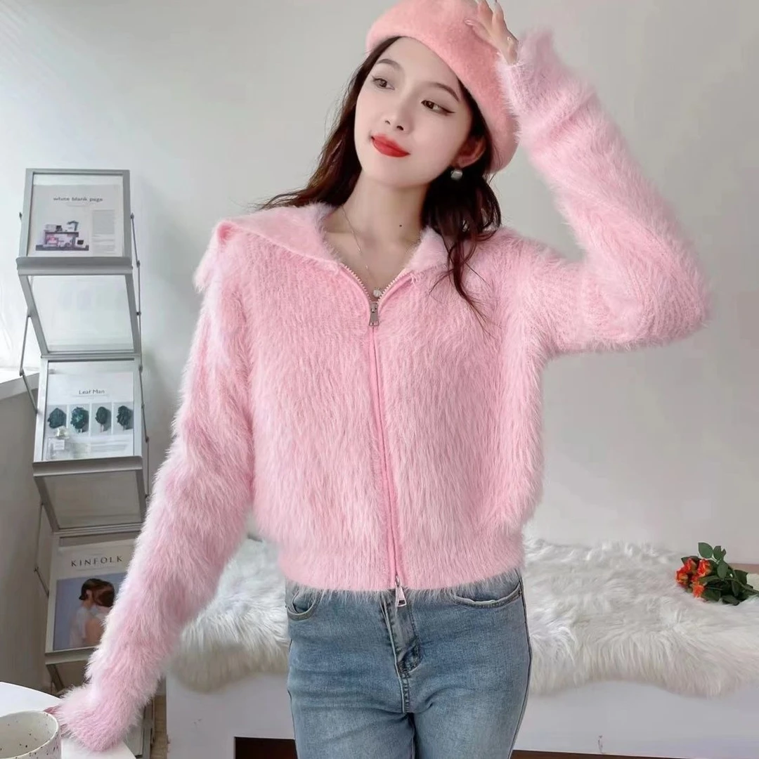 2024秋冬新款仿水貂绒拉链外套女小众设计感短款毛衣针织开衫