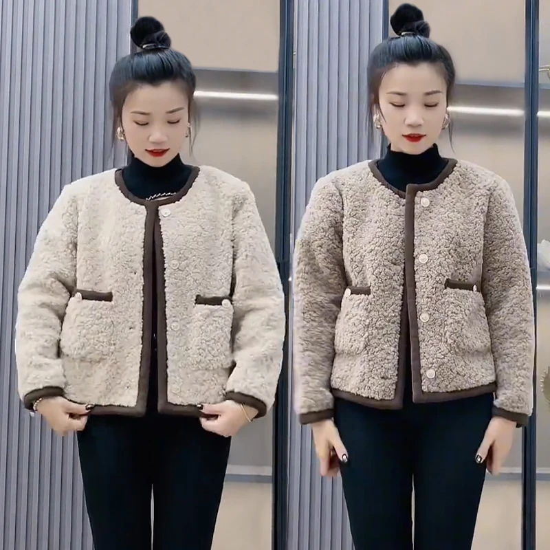 小香风百搭羊羔毛外套女2025秋冬季新款洋气宽松圆领气质长袖上衣