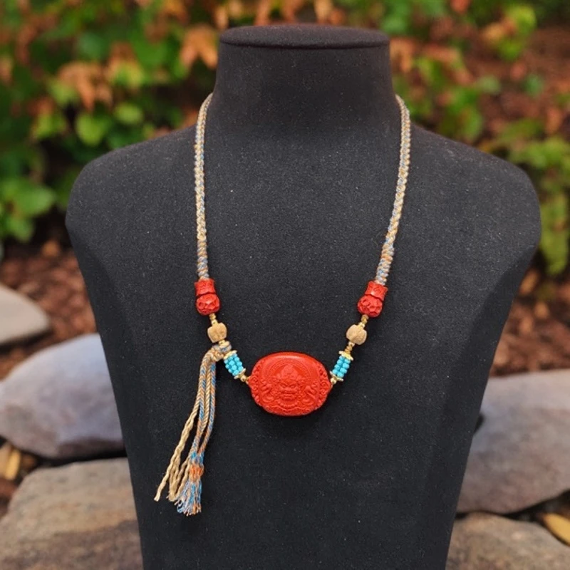 天然辰砂朱砂黄财神项链坠