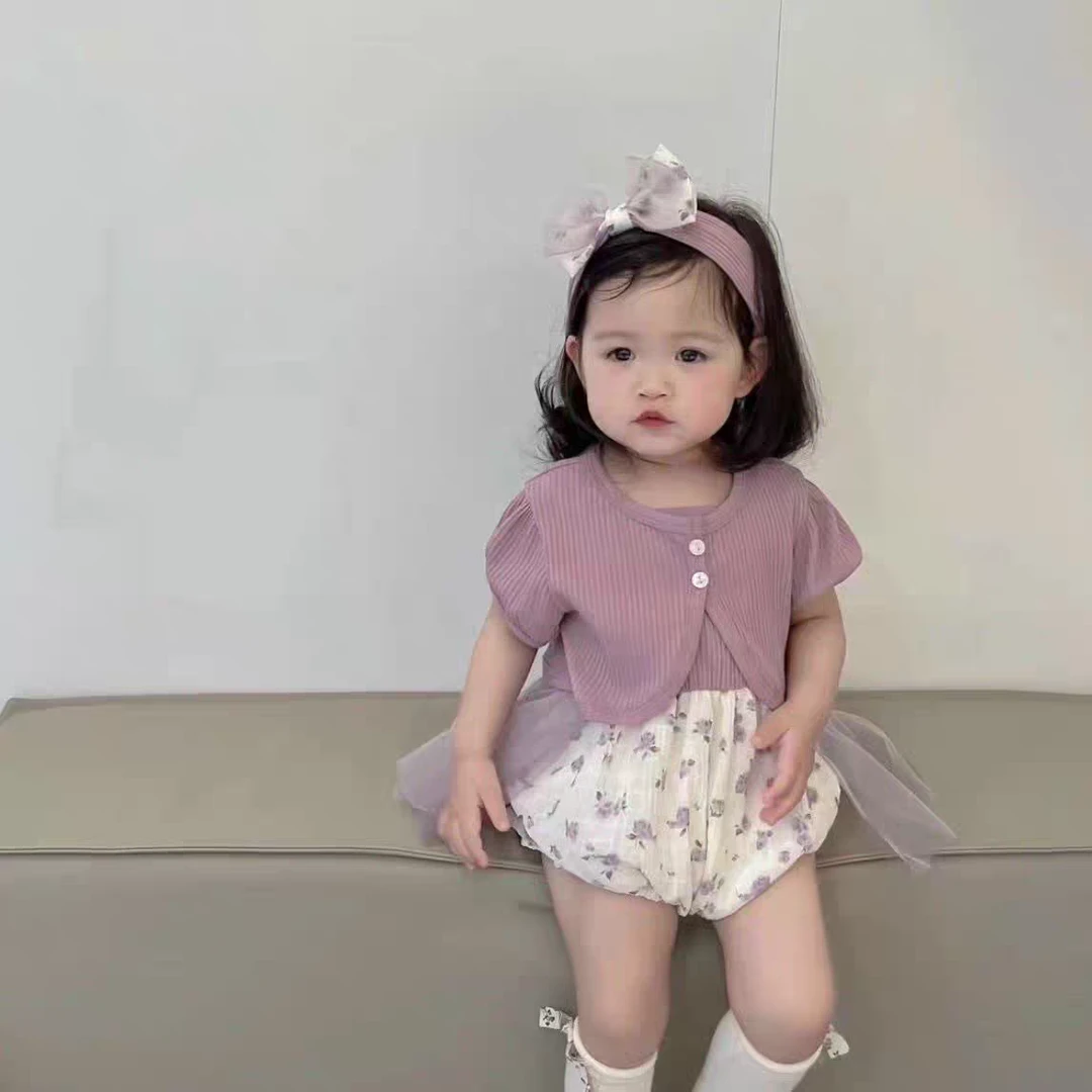 夏季女碎花吊带哈衣裙薄款婴儿套装网纱包屁衣爬服+可拆卸小外套