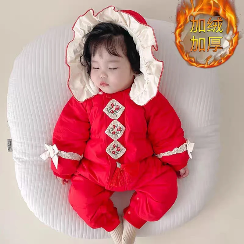 婴幼儿冬装连体衣加绒加厚新生儿棉衣女宝中国风拜年服冬款外出服