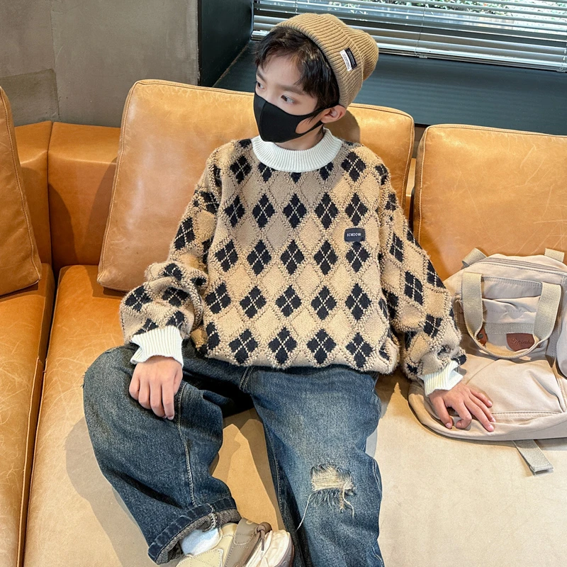 中大童毛衣针织衫潮秋冬款儿童男童加绒加厚上衣洋气打底套头男孩