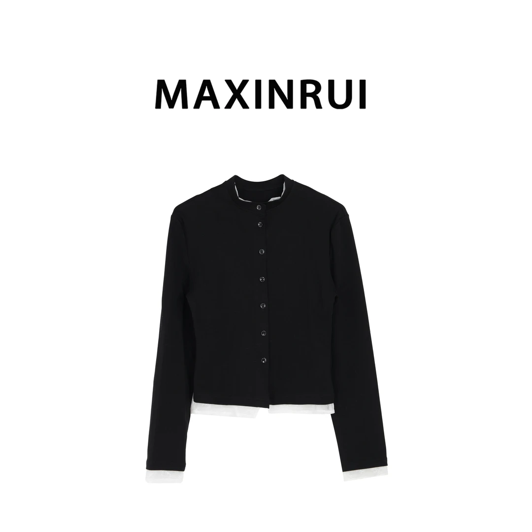 MAXINRUI 秋冬女士气质蕾丝拼接假两件长袖衬衫R8094