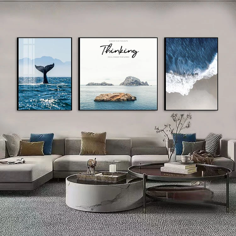 鲸鱼沙发简约沙发背墙抽象画三联画现代简约鲸落蓝色海洋挂画