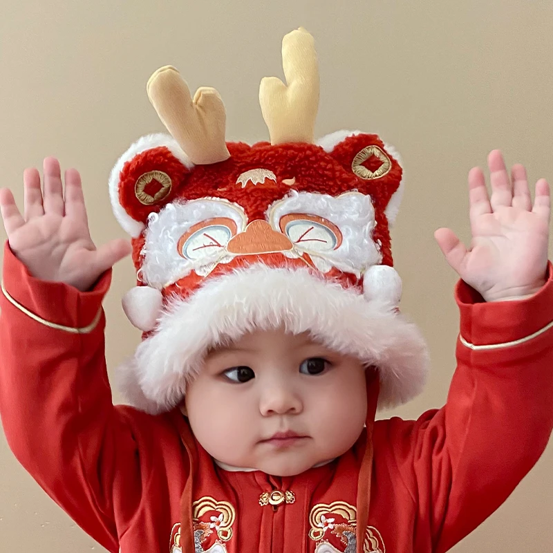 【小福龙帽】宝宝新年拜年服帽子刺绣帽毛球传统加绒加厚冬款帽子