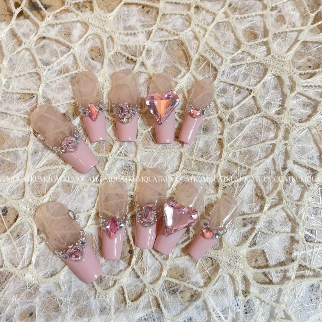 -Nail「粉色可可」｜温柔拼接款｜纯手工定制穿戴甲可拆卸