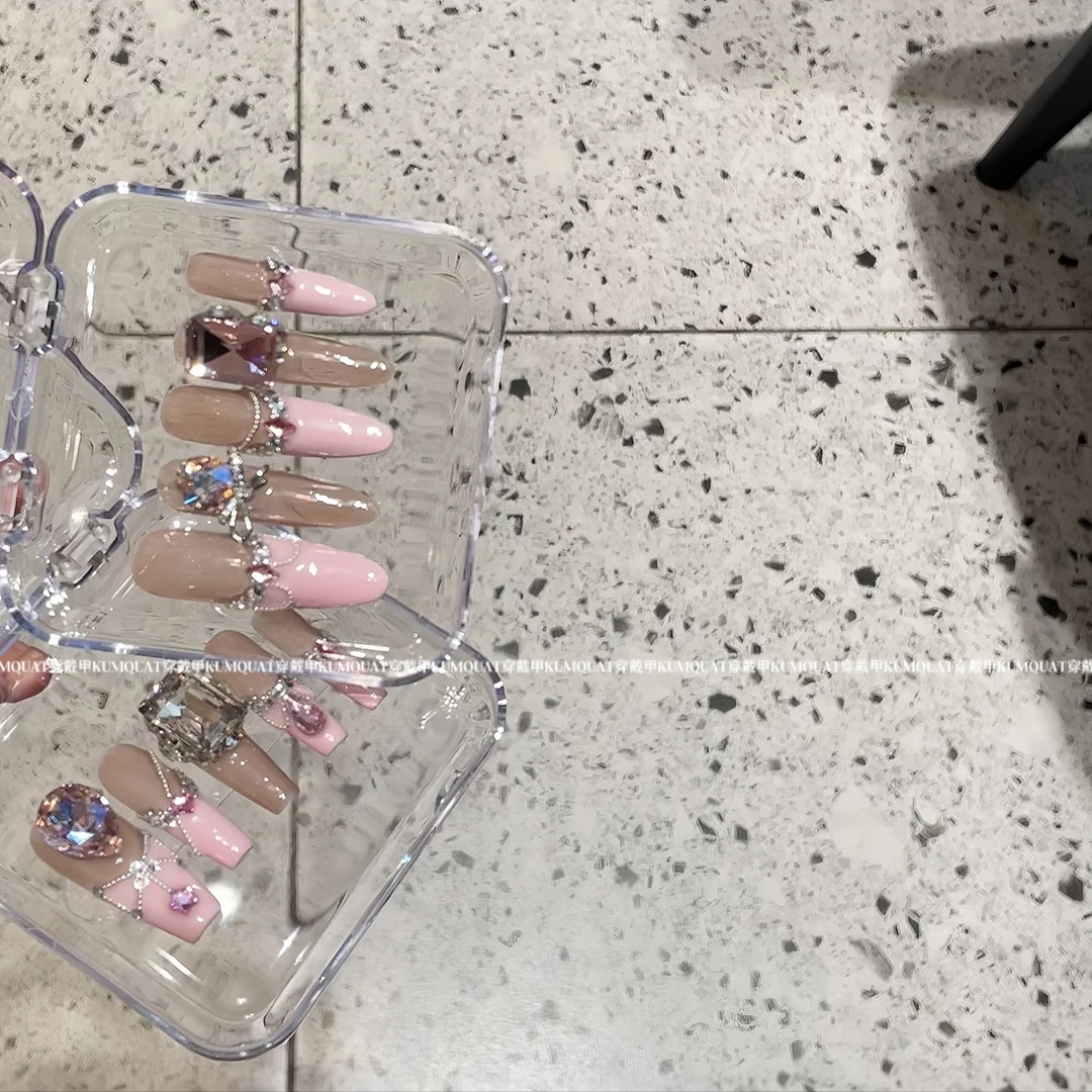 -Nail「好温柔」｜加长椭圆 细狗钢珠法式｜纯手工定制穿戴甲可拆卸